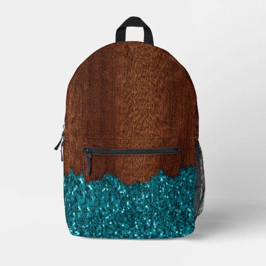 Aqua blue sparkles rustige bruin hout bedrukte rugzak (Voorkant)