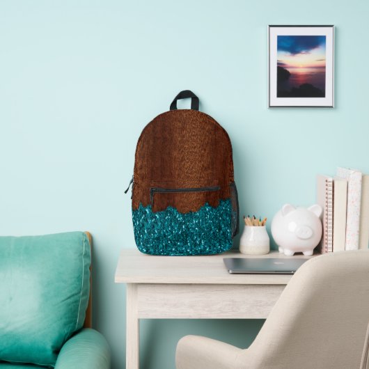 Aqua blue sparkles rustige bruin hout bedrukte rugzak (Insitu)