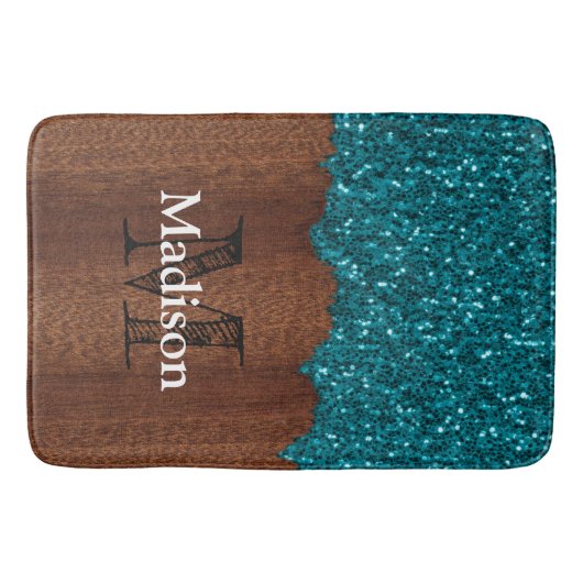 Aqua blue sparkles rustige bruin hout Monogram Badmat (Voorkant)