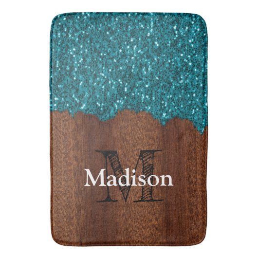 Aqua blue sparkles rustige bruin hout Monogram Badmat (Voorkant Verticaal)