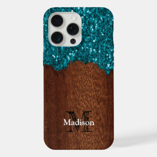 Aqua blue sparkles rustige bruin hout Monogram iPhone 15 Pro Max Hoesje