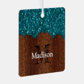 Aqua blue sparkles rustige bruin hout Monogram Metalen Ornament (Voorkant Rechts)