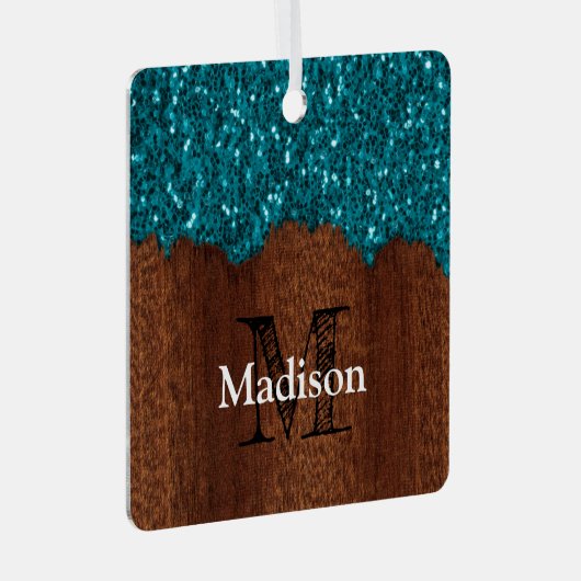 Aqua blue sparkles rustige bruin hout Monogram Metalen Ornament (Voorkant Rechts)