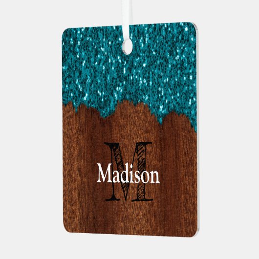 Aqua blue sparkles rustige bruin hout Monogram Metalen Ornament (Voorkant links)