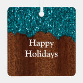 Aqua blue sparkles rustige bruin hout Monogram Metalen Ornament (Achterkant)