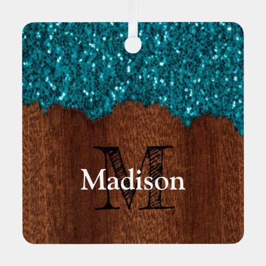 Aqua blue sparkles rustige bruin hout Monogram Metalen Ornament (Voorkant)