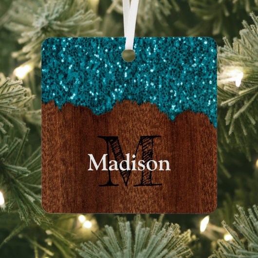 Aqua blue sparkles rustige bruin hout Monogram Metalen Ornament (Insitu)