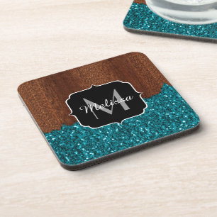 Aqua blue sparkles rustige bruin hout Monogram Onderzetter