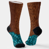 Aqua blue sparkles rustige bruin hout Monogram Sokken (Gebogen)