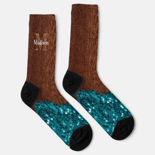 Aqua blue sparkles rustige bruin hout Monogram Sokken (Rechts)