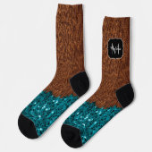 Aqua blue sparkles rustige bruin hout Monogram Sokken (Links)