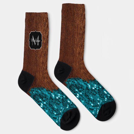 Aqua blue sparkles rustige bruin hout Monogram Sokken (Rechts)