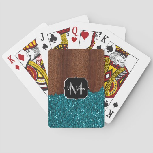 Aqua blue sparkles rustige bruin hout Monogram Speelkaarten (Achterkant)