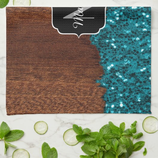 Aqua blue sparkles rustige bruin hout Monogram Theedoek (Gevouwen)