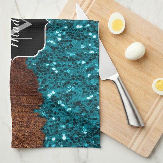 Aqua blue sparkles rustige bruin hout Monogram Theedoek (Quarter Fold)