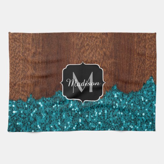 Aqua blue sparkles rustige bruin hout Monogram Theedoek (Horizontaal)