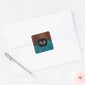 Aqua blue sparkles rustige bruin hout Monogram Vierkante Sticker (Envelop)