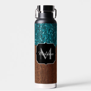 Aqua blue sparkles rustige bruin hout Monogram Waterfles