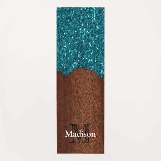 Aqua blue sparkles rustige bruin hout Monogram Yogamat (Voorkant)