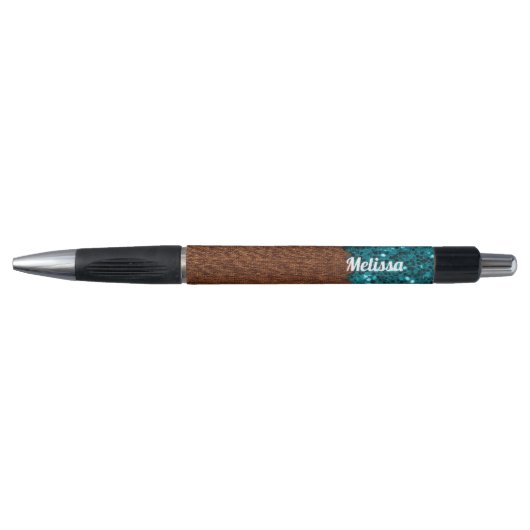 Aqua blue sparkles rustige bruin hout Personalisee Pen (Voorkant)