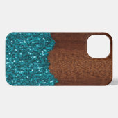 Aqua blue sparkles rustige bruinhoutfaux iPhone hoesje (Achterkant horizontaal)