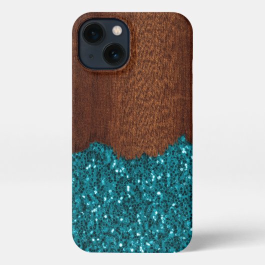 Aqua blue sparkles rustige bruinhoutfaux iPhone hoesje (Achterkant)