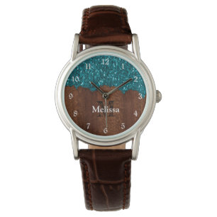 Aqua blue sparkles rustige houtmonogram horloge