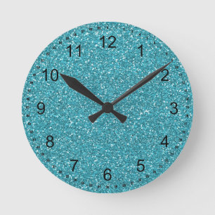 Aqua Blue Sparkly Faux Glitter Ronde Klok