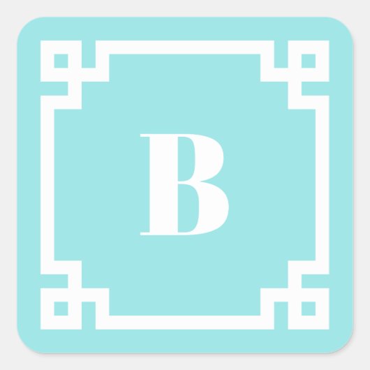 Aqua Blue Square Greek Key Border Monogrammed Vierkante Sticker (Voorkant)