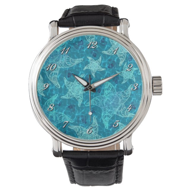 Aqua Blue Starfish Pattern Wrist Watch Horloge (Voorkant)