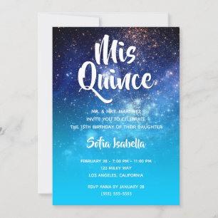 Aqua Blue Stars Cosmic Ombre Mis Quince Birthday Kaart
