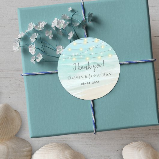 Aqua Blue String Lights Beach Wedding Ronde Sticker