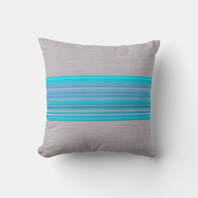 Aqua Blue Striped Pattern op Silver Grey Kussen (Voorkant)