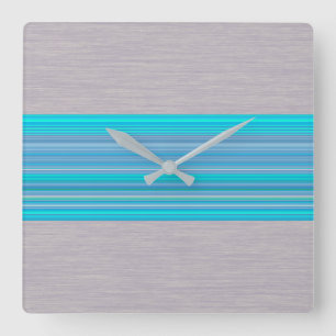 Aqua Blue Striped Pattern op Silver Grey Vierkante Klok