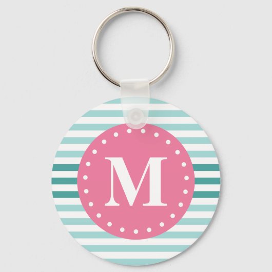 Aqua Blue Striped Pattern Pink Monogram Sleutelhanger (Voorkant)