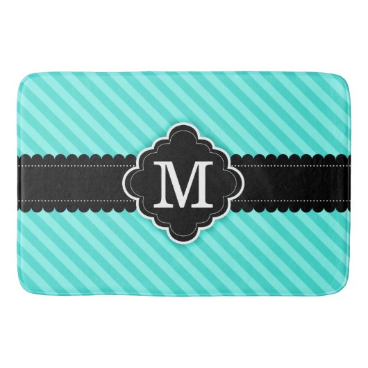 Aqua Blue Stripes Pattern Black Aangepast monogram Badmat (Voorkant)