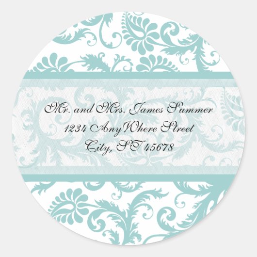 Aqua Blue sur blanc Damask Adresse Mariage Sticker (Devant)