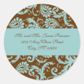 Aqua Blue sur Brown Damask Adresse Mariage Sticker (Devant)