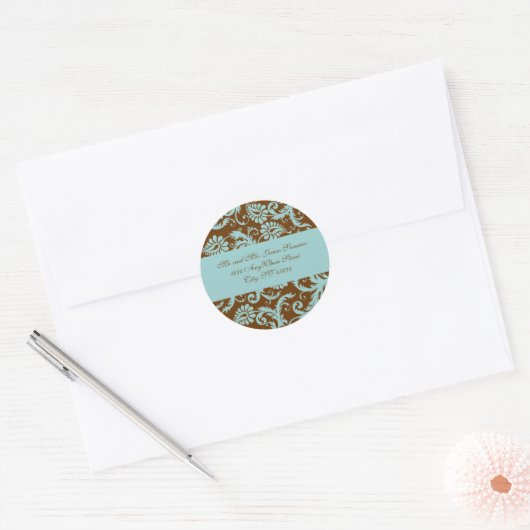 Aqua Blue sur Brown Damask Adresse Mariage Sticker (Enveloppe)