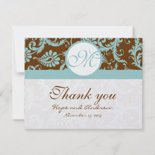 Aqua Blue sur Mariage damassé Brown Merci Cartes