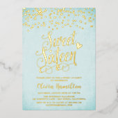 Aqua Blue Sweet 16 Gold Confetti Foil Invitation (Recto)