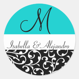 Aqua Blue Swirl Damask Monogram Trouwstickers Ronde Sticker