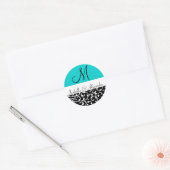 Aqua Blue Swirl Damask Monogram Trouwstickers Ronde Sticker (Envelop)