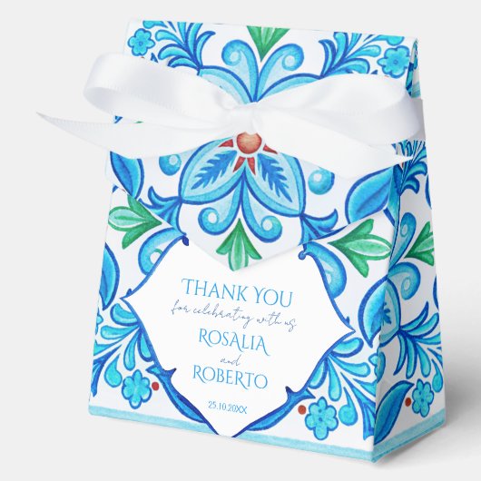 Aqua Blue Talavera tegels monogrammen bruiloft Bedankdoosjes (Voorkant)