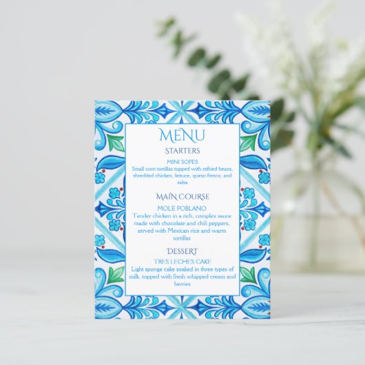 Aqua Blue Talavera tuiles menu mariage (Debout devant)