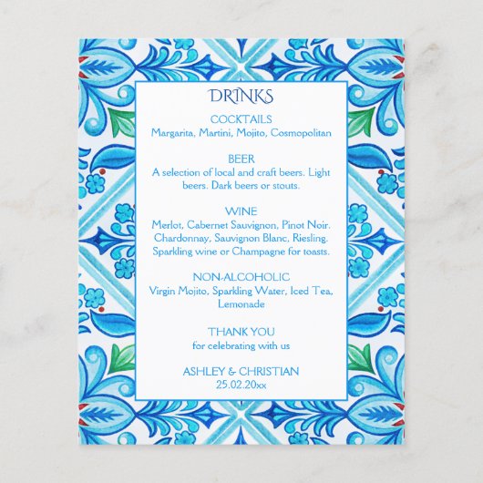Aqua Blue Talavera tuiles menu mariage (Dos)