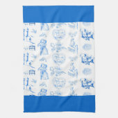 Aqua Blue Toile American MoJo Kitchen Towel Theedoek (Verticaal)