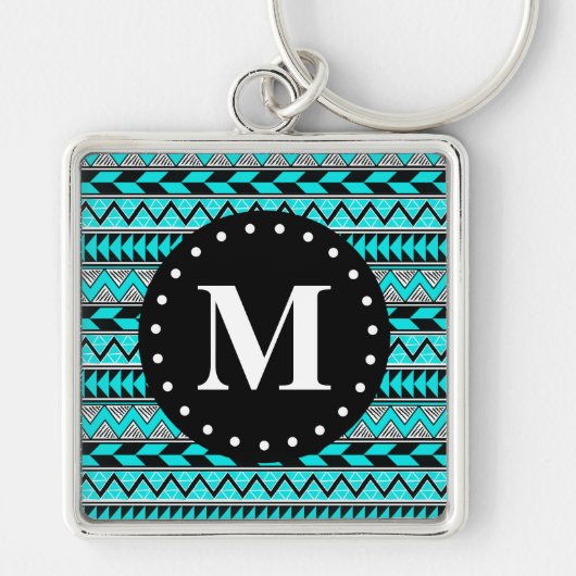 Aqua Blue Tribal Chevron Pattern Monogram Sleutelhanger (Voorkant)