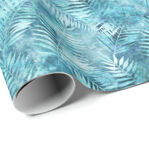 Aqua Blue Tropical Leaves Cadeaupapier