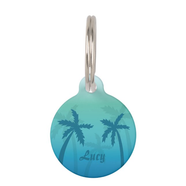 Aqua Blue Tropical Palm Trees met aangepaste naam Huisdierpenning (Voorkant)
